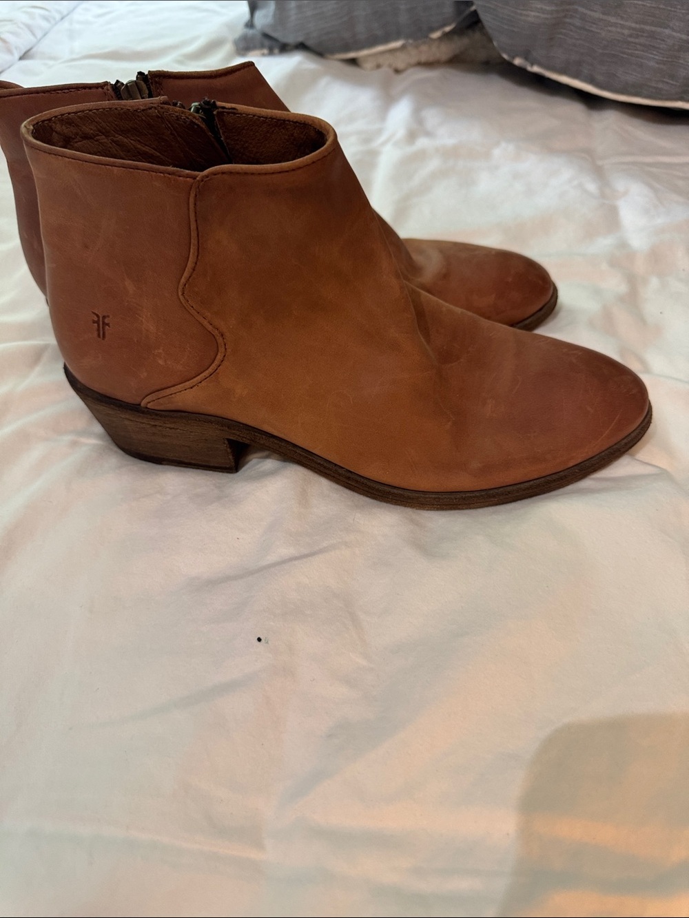 Frye Tan Leather Ankle Booties with Low Heel